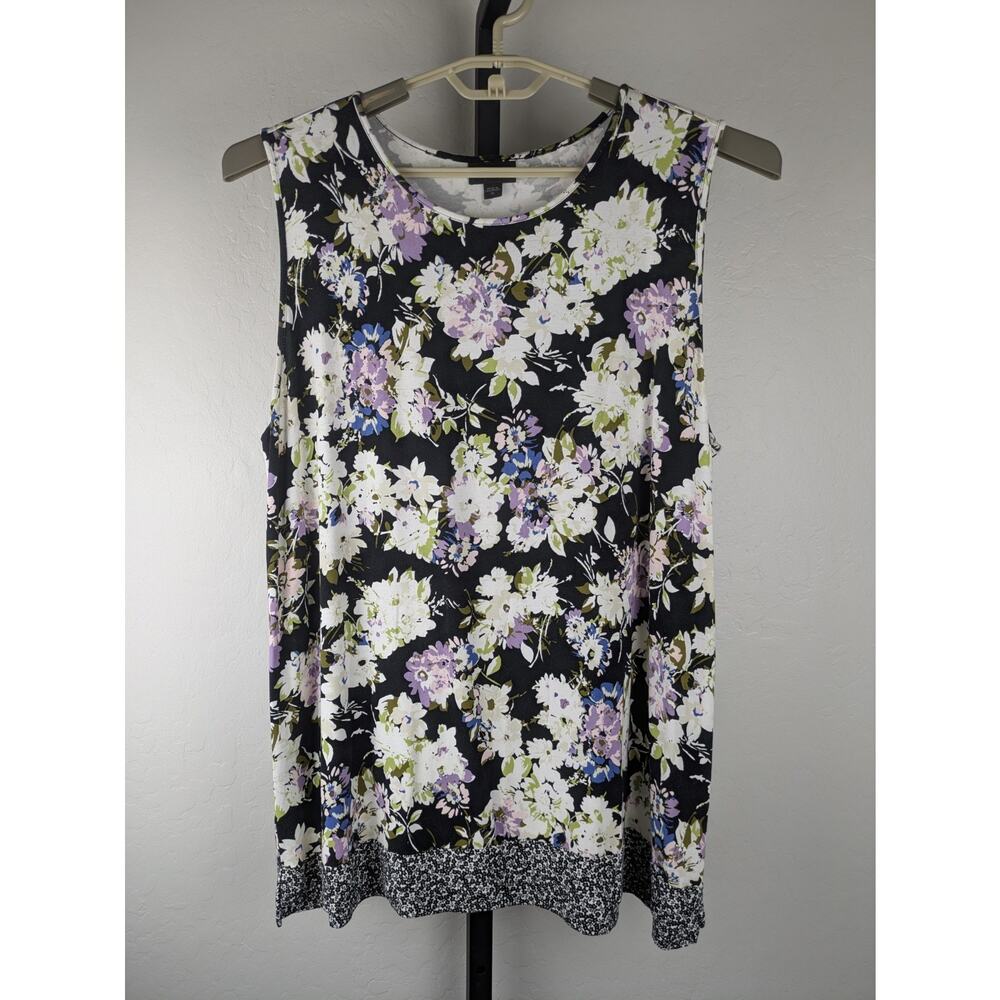 J. Jill Black Floral Sleeveless Tank with Lavender and White Blooms